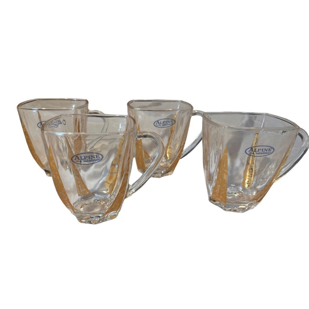 Vintage Alpine Cuisine Gold & Glass Tea Cups Set Of 4 3.25" X 2.75 " MCM
